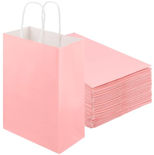 KEILEOHO Lot de 50 sacs en papier kraft rose - 21 x 15 x 8 cm - Avec anse, sacs cadeaux pour mariage, anniversaire, fête, cadeaux