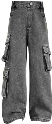 Jeans holgados con múltiples bolsillos para niñas, cintura alta, pierna ancha, pantalones largos para adolescentes, pantalones cargo vintage, jeans vintage para niñas, talla 10-12, jeans cruzados Y2k,