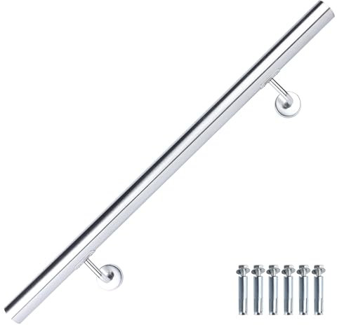 BelovedYard Main courante d'escalier en acier inoxydable brossé, Ø 4,2 cm, inoxydable et résistant aux intempéries, intérieur et extérieur, avec support, embouts et matériel de montage, longueur : 60
