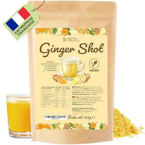 DETOX ORGANICA Ginger Shot - Jusqu'à 160 shots de Jus de Gingembre - Booster et Detox - 125g Préparation de Gingembre en poudre et Curcuma pour pour thé, infusion et jus - Mélange en Poudre