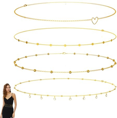 4 Stück Bauchkette,Belly Chain,Waist Beads,Waist Chain,Bauchkette Gold,Body Chain,Bauch Kette,Verstellbare Körperketten,Hüftkette für Frauen Mädchen Bikini Taillenkette Quaste Mehrschichtig Vintage