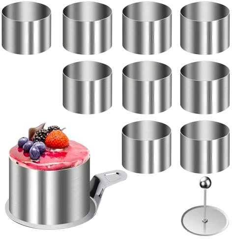 Shwdsy 10 Piezas Molde Tarta Desmontable, 8 cm Molde Desmontable, Acero Inoxidable Mini Moldes Reposteria, Plata Aros de Cocina con Base y Elevador para Tartas DIY, Mousses, Postres