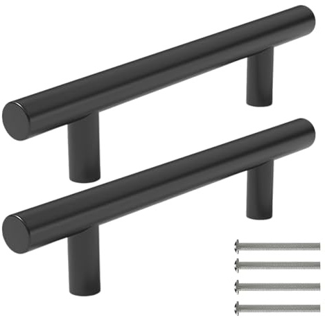 2 Pack Matte Black Stainless Steel Kitchen Handles for Cupboards Cabinets Furniture Drawers Wardrobe Door - T Bar Pulls 96mm Hole Centre with Screws Easy Installation