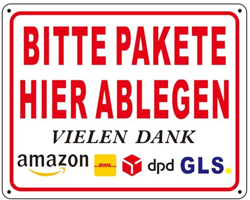 Luimode Bitte Pakete Hier Ablegen Schild Hinweisschild 20x25cm Warnhinweis schilder Abladestelle Kennzeichnung aus stabiler Aluminium Warnschild mit UV-Schutz