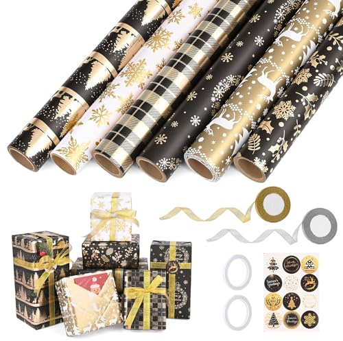 GuKKK Rouleau Papier Cadeau Noel 6 Rouleaux, 43 × 300CM Rouleau de Papier d'Emballage de Noël, Noir et doré Apier Cadeaux Noël Recyclable, Motifs de Christmas, avec 2 Rubans und Autocollant
