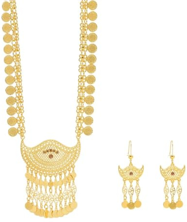 Niaspi Bohemian Belly Dancing Jewelry Set for Women Girls Vintage Gold Bead Tassel Pendant Necklace Earrings Filigree Statement Festival Costume Accessories Jeweley Gifts