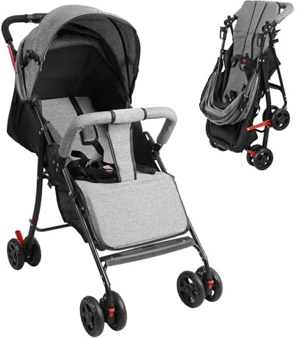 feneihe Lightweight Travel Pushchair, One-Hand Fold Baby Pram with Adjustable Seat, Extended Canopy & Large Basket, from Newborn to 2 Years (10kg), Compatible with Car Seat & Stroller Footmuff Grey
