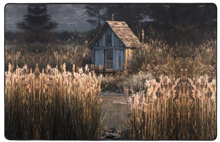 HHGFASD Tappeto in tessuto di flanella con motivo cabina accanto alle canne, 152,4 x 99,1 cm, tappetino per soggiorno, ufficio, tavolino da caffè, letto, balcone