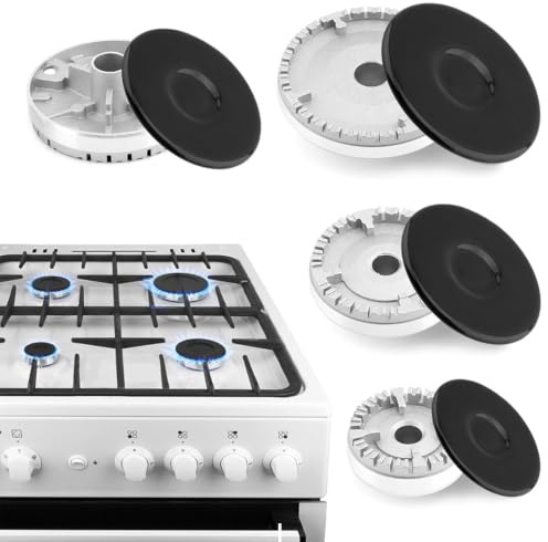 8Pcs Gas Stove Burner Cap Kit, Oven Cooker Hob Burner Crown & Flame Cap Set, Replacement Gas Hob Burner Covers 55mm 75mm 100mm, Even Heat Distribution, Kitchen Cooker Accessories (Non Universal)