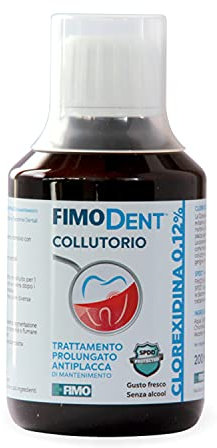 Fimodent Collutorio alla Clorexidina 0.12% con SPDD (Sistema Protezione Discromie Dentali) e gradevole gusto menta. Trattamento antiplacca e antibatterico prolungato