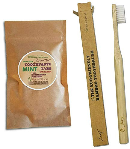 Dentin Toothpaste Tablets & Leaf Bamboo Toothbrush Set - Eco Friendly Dental Care by PlanetWood (30 Tab (2wk) Trial + 1 Brush)