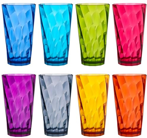US Acrylic Optix Plastic Reusable Drinking Glasses (Set of 8) 20oz Water Cups in Jewel Tone Colors | BPA-Free Tumblers, Made in USA | Top-Rack Dishwasher Safe