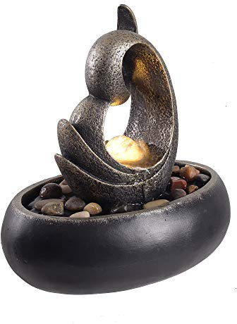 Teamson Home Indoor Tabletop Water Feature, Small Mini Zen Water Fountain Decor, Modern Spherical Desk Waterfall Ornament with Lights & Pump, Grey