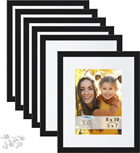 Icona Bay 10x8 Picture Frames w/Removable Mat to 7x5 (Black, 6 Pack), Modern Double-Bevelled Frame, Tabletop or Wall Mount, Eve Collection
