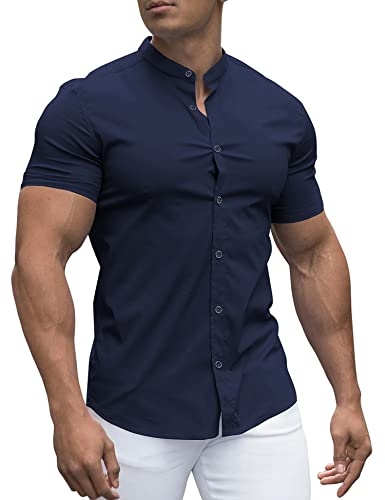 URRU Men's Muscle Dress Shirts Slim Fit Stretch Banded Collar Short Sleeve Casual Button Down Shirt Navy Blue XL