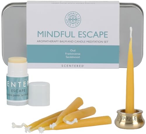 Doftande aromaterapi balsam och meditation ljusset – medveten flyktavkoppling – x 12 bivaxljus med mässingshållare och x 1 eterisk oljeblandningsbalsam
