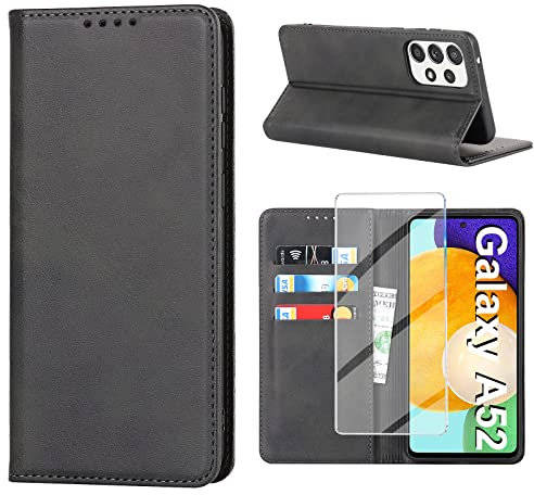 Vaki Handyhülle für Samsung Galaxy A52S 5G Hülle mit Displayschutzfolie aus gehärtetem Glas, Schutzhülle A52/A52S Leder Brieftasche Kartenfach Standfunktion Stoßfest Flip Case Cover Schwarz