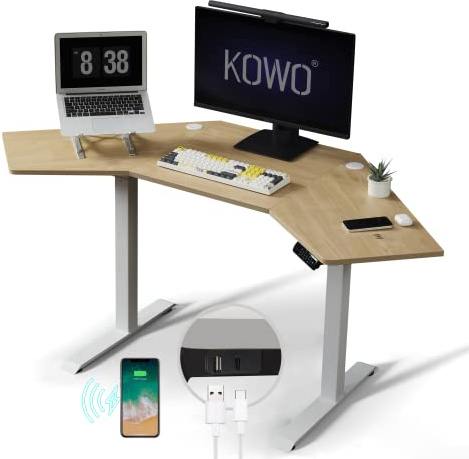 KOWO Corner Standing Desk with USB C Hub & Wireless Charger, Corner Desk, Electric Height Adjustable L Shaped Gaming Desk,120x120cm Stand Up Sit Stand Computer Gaming Table, Oak