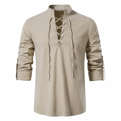 SHEYOW Hombre Camisa de Lino Retro Medieval Shirt Casual Estilo Punk Manga Larga Traje de Pirata Halloween (2XL, Caqui)