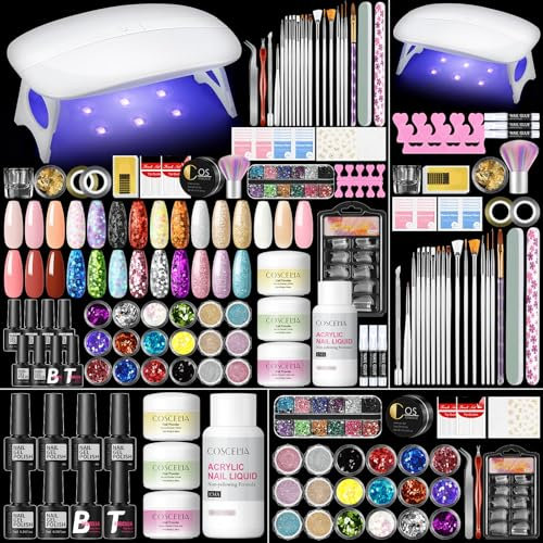 COSCELIA 41PCS Kit Uñas Acrilicas con Lampara de Uñas, 21 Colors Acrilico para Uñas Profesional con 30ML Monómero y 6PCS Esmalte Semipermanente, Uñas Acrilicas Kit Completo para Principiante