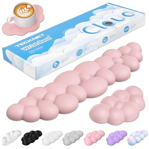 TECKNET Cloud Wrist Rest Keyboard Set, Memory Foam & PU Leather,Light Pink | Cloud Keyboard Rest for Wrist Support and Arm Rest, Desk Cloud Wrist Pad for PC/Gaming/Hand Cushion/Computer