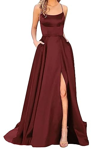 Robe Longue Femme en Satin élégante Dos Nu Fendue Spaghetti Sangle Couleur Unie Swing pour Bal Mariage Cocktail Robe de Soirée Longue Mariage Party Dress Décontractée