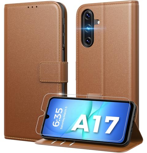 Peakally Handyhülle für Samsung Galaxy A17 5G Hülle [Mit 1 Stück Panzer Schutz Glas] [Premium PU Leder] [RFID-Blockierung] [Kartenfach] Klapphülle kompatibel mit Galaxy A17 5G / 4G - Braun