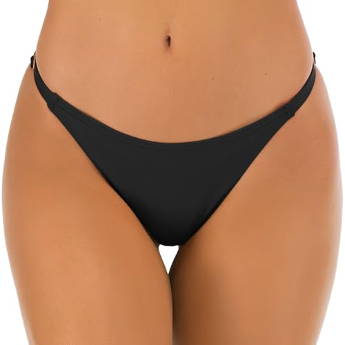 Womens Thong Bikini Bottoms Adjustable Brazilian Swim Briefs S,Black