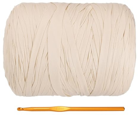 PATIKIL T-shirt-garn för virkning med 1 virkkrok, 800 g/228 meter mjukt högelastiskt stickgarn för nybörjare virkningsväska/korg/heminredning (beige)