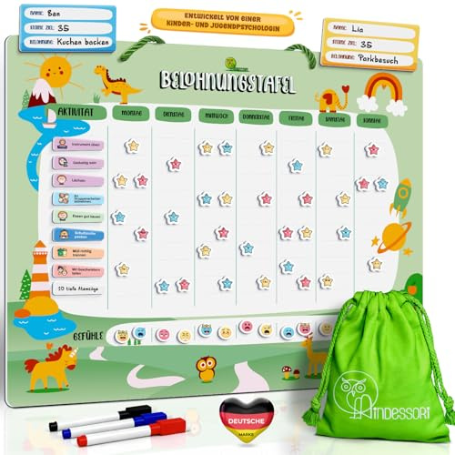 Mindessori® Belohnungstafel für Kinder - [110+20 Aufgaben - 480 Gefühle & Stern-Magnete] - Montessori Magnettafel für Emotionen, Verhalten, Verantwortung & Selbstständigkeit, Tasche, 3 Stifte