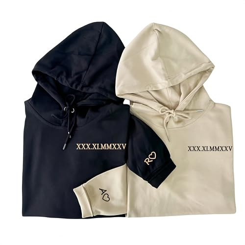 Sudadera con capucha bordada personalizada para parejas con números romanos significativos, camisa de regalo personalizada para novio/novia con inicial de corazón, sudadera a juego para aniversario