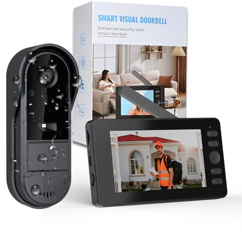 Winnes Videocitofono Citofono Senza Fili da Esterno con Schermo IPS 4,3'' Video Campanello con Telecamera 1080P 170°Angolo Visuale,Visione Notturna,Spioncino Digitale Senza WiFi/APP/Abbonamento