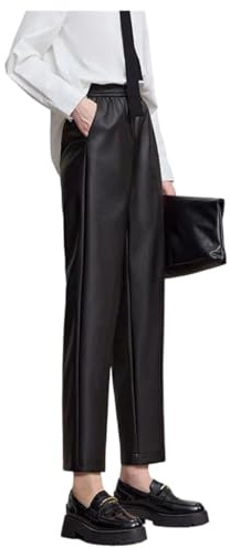 Women's Autumn Loose Fit Black Casual Pants Ankle-Length Pu Leather Lady Trousers Black Pants L
