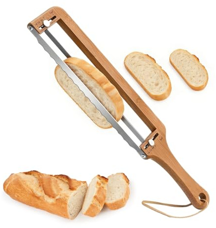 Bread Slicer for Homemade Bread with Adjustable Thickness Guide, Bread Knife & Bread Bow Cutter, Serrated Stainless Steel Blade with Bamboo Handle, Ambidextrous Bread Cutter for Sourdough, Baguette