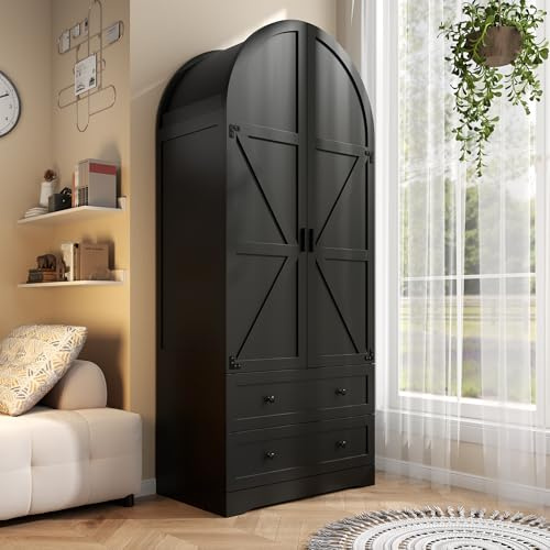 Gyfimoie Black Armoire Wardrobe Closet with 2 Drawers, 74.8 Wooden Wardrobe with 2 Doors, Freestanding Closet Armoire Cabinet with Hanging Rack, Clothing Storage Cabinet for Bedroom (Black)