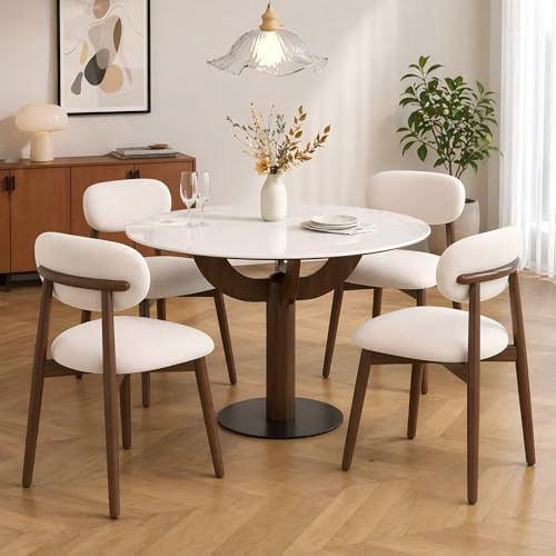 TAKUMI∞X Sedie Sala da Pranzo Sedie Cucina Set da 4 Legno Moderne Sedia Soggiorno 4 pezzi Pranzo Tessuto di lino Imbottito Poltrona Beige Schienale Curvo per Casa, Ristorante