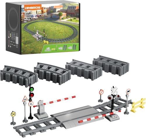 LUMIBRICKS Accessori compatibili - Kit di espansione per binari ferroviari, 80 pezzi, binario dritto e curvo, morbido, intersezioni, compatibile con i principali sistemi di blocco per bambini a