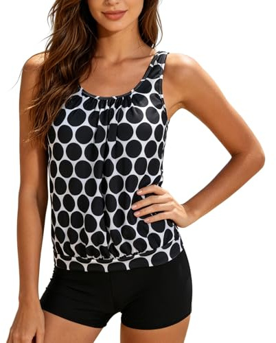 Tankini Femme À Pois Maillot De Bain 2 Pieces Shorty Grande Taille Ensemble Deux Pièces Taille Haute Amincissant Ete Ventre Haut avec Slip Modestes Chic Elégant Swimwear