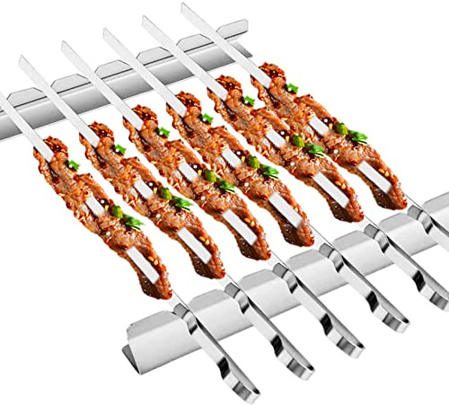 BearMoo Stainless Steel Shish Kabob Skewers - 17' Long, 0.35' Wide BBQ Skewers (Set of 6) + 2 Grill Racks + 1 Storage Case