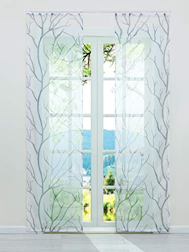 ESLIR Schiebegardinen Set 2er Flächenvorhänge Gardinen mit Klettband Schiebevorhang Transparent Vorhang mit Zweige Muster Voile Weiß-Grau BxH 57x145cm 2 Stück