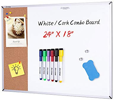 White Board & Cork Bulletin Board, 24 X 18, Combination Dry Erase Board & Cork Board, Vision Board for Home, Office, School - Includes 6 Magnetic Markers, 1 Eraser, 2 Strong Magnets and 10 Pins.…