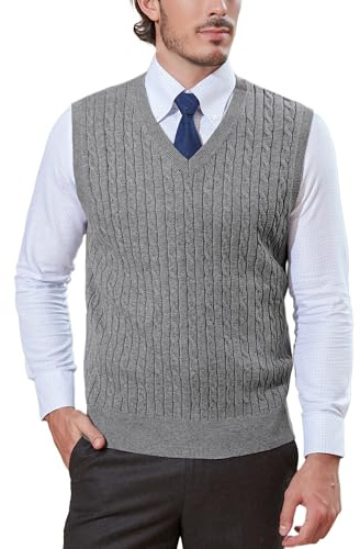 Kallspin Hombres de Lana Mezclada de Punto de Cable Suéter Chaleco V Cuello Relajado Ajuste sin Mangas Suéteres(Gris Claro,L)