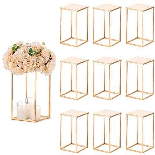 Sziqiqi 10 Stycken Rektangel Bröllopscentrum Vaser Med Tallrikar - 40 cm Metallkolumn Geometriskt Blomsterställ Guld Blomstervisningsställ Dekorationer för T-stage Reception Fest Fiesta Event Jul