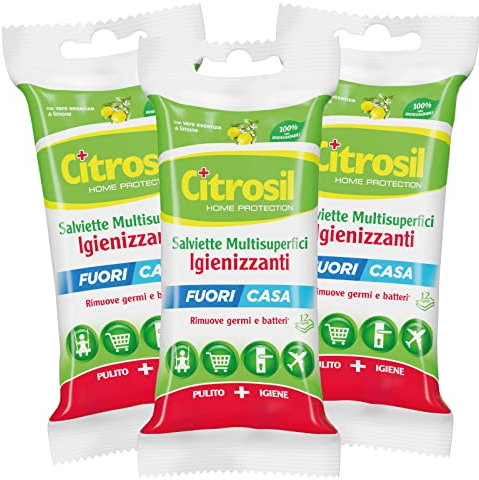 Citrosil Home Protection, Salviette On the Go con Vere Essenze di Agrumi, Superfici Multiuso, Elimina Fino al 99,9% dei Batteri, Pratico Utilizzo Dentro e Fuori Casa, 12 Salviette x 3 Confezioni