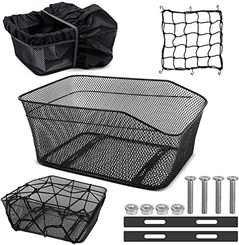 Fahrradkorb groß Hinten, 40 x 30 x 17cm Fahrradkorb Engmaschig Hinterradkorb mit wasserdichte Abdeckung und Gepäcknetz (Schwarz)
