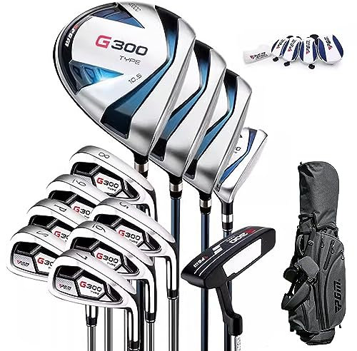 PGM Herren Komplette Golfschläger-Sets - 12 Stück - 3 Holzschläger (#1,3,5), 1 Hybridschläger (#4H), 6 Eisen (#5,6,7,8,9,PW), 1 Sandkeil (55°), 1 Putter - Golftasche mit Ständer - Titan Schlägerkopf