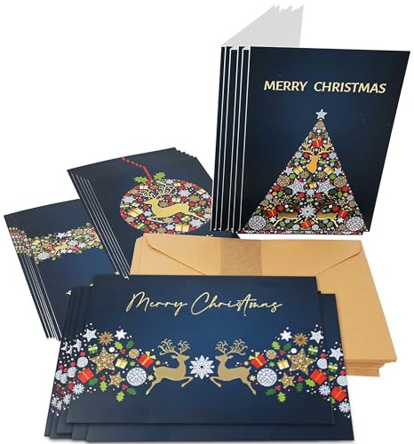 24 Golden Reindeer Christmas Cards with Special Gold Foil Finish - Thick Card and recycled brown envelopes