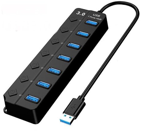 Orco 7-Port USB 3.0 Hub - High Speed 5Gbps USB Data Splitter with Individual Power Switches & LED Indicators - Powered USB Extension for Laptop, PC, Mac, Hard Drive, Flash Drive - Slim & Portable