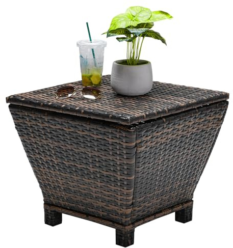 Outvita Outdoor Side Table, Rattan Coffee Table with Storage 13 Gallon Patio Small Deck Storage Box for Cushion Towel Books, Brown Side Table with lid