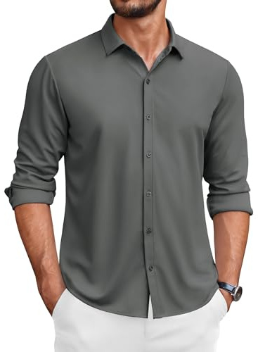 COOFANDY Camisas Hombre Manga Larga de Negocios Casual Color Sólido Hombre Regular Fit Gris Oscuro M